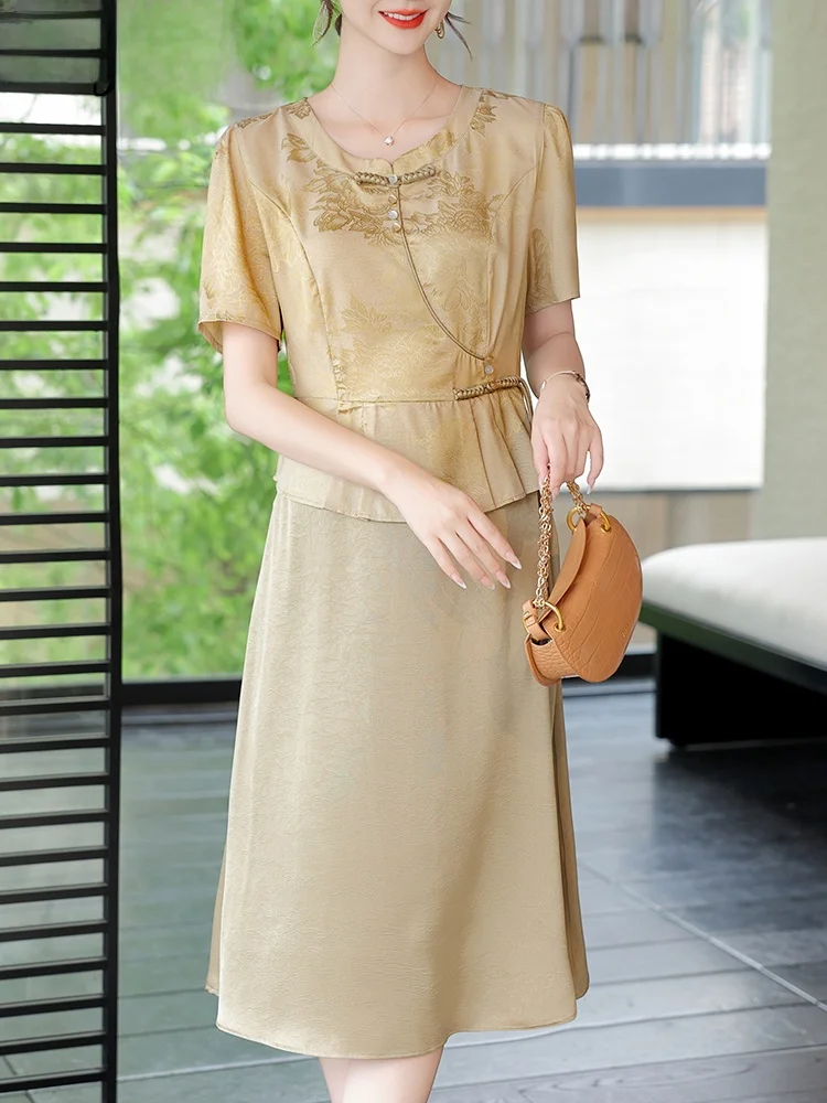 

Модная летняя юбка миди для женщин среднего возраста в китайском стиле с жемчужной отделкой