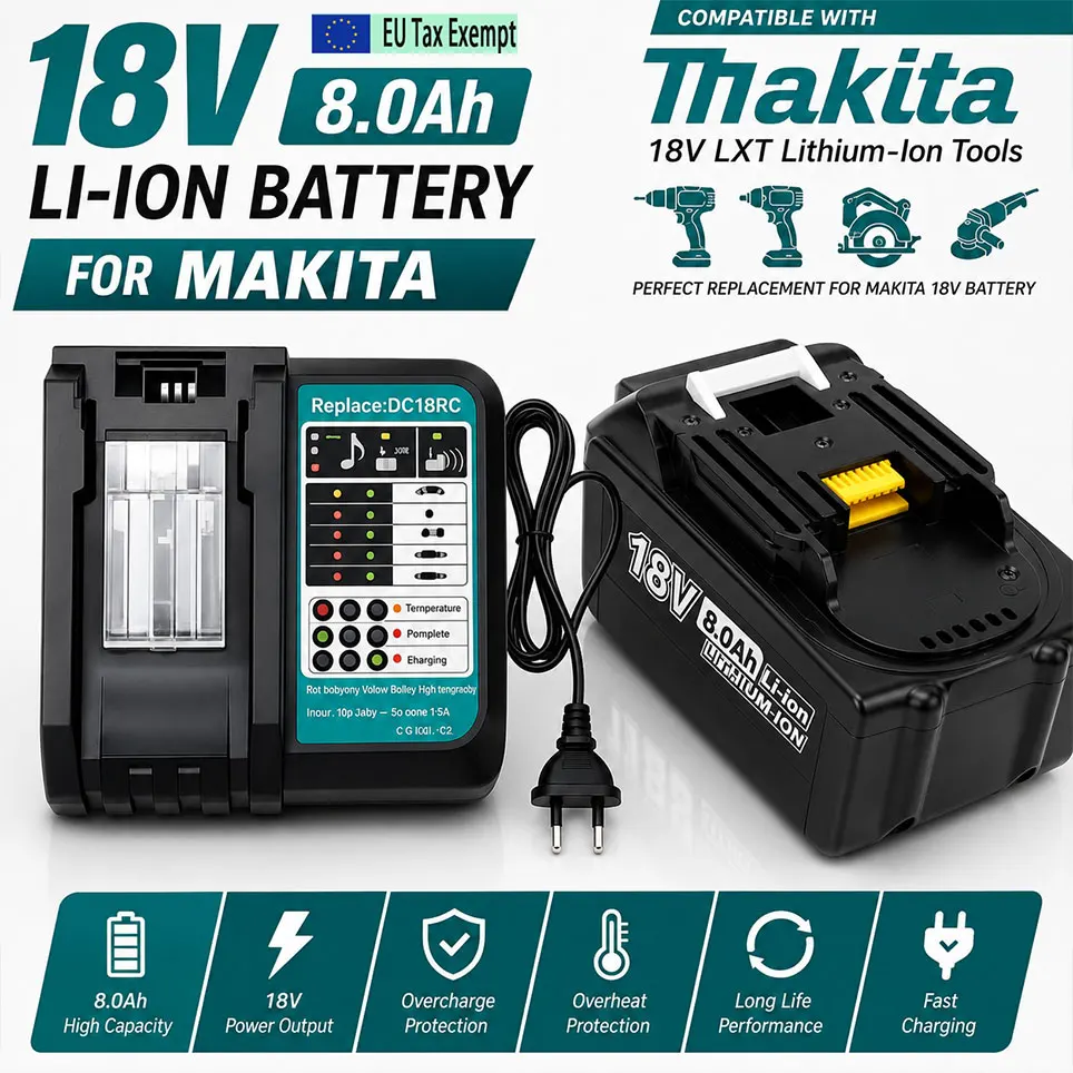 Batterie de remplacement lithium-ion haute capacité 18V 8.0Ah pour outils électriques sans fil Makita, ensemble complet avec chargeur rapide et perceuse électrique 18V