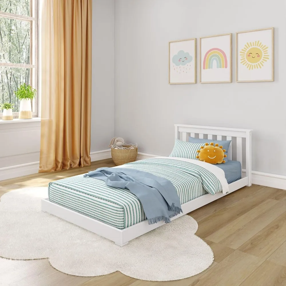 

Twin Floor Bed, 79.75 Inches, Solid Wood Low Bed Frame for Kids, Modern Floor Bed for Bedroom, White