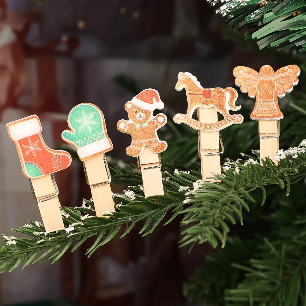 10PCS Christmas Wooden Cartoon Clip Santa Claus Snowflake Decor Clip DIY Memo Paper Art Card Clothespin Clip Party Home Decor