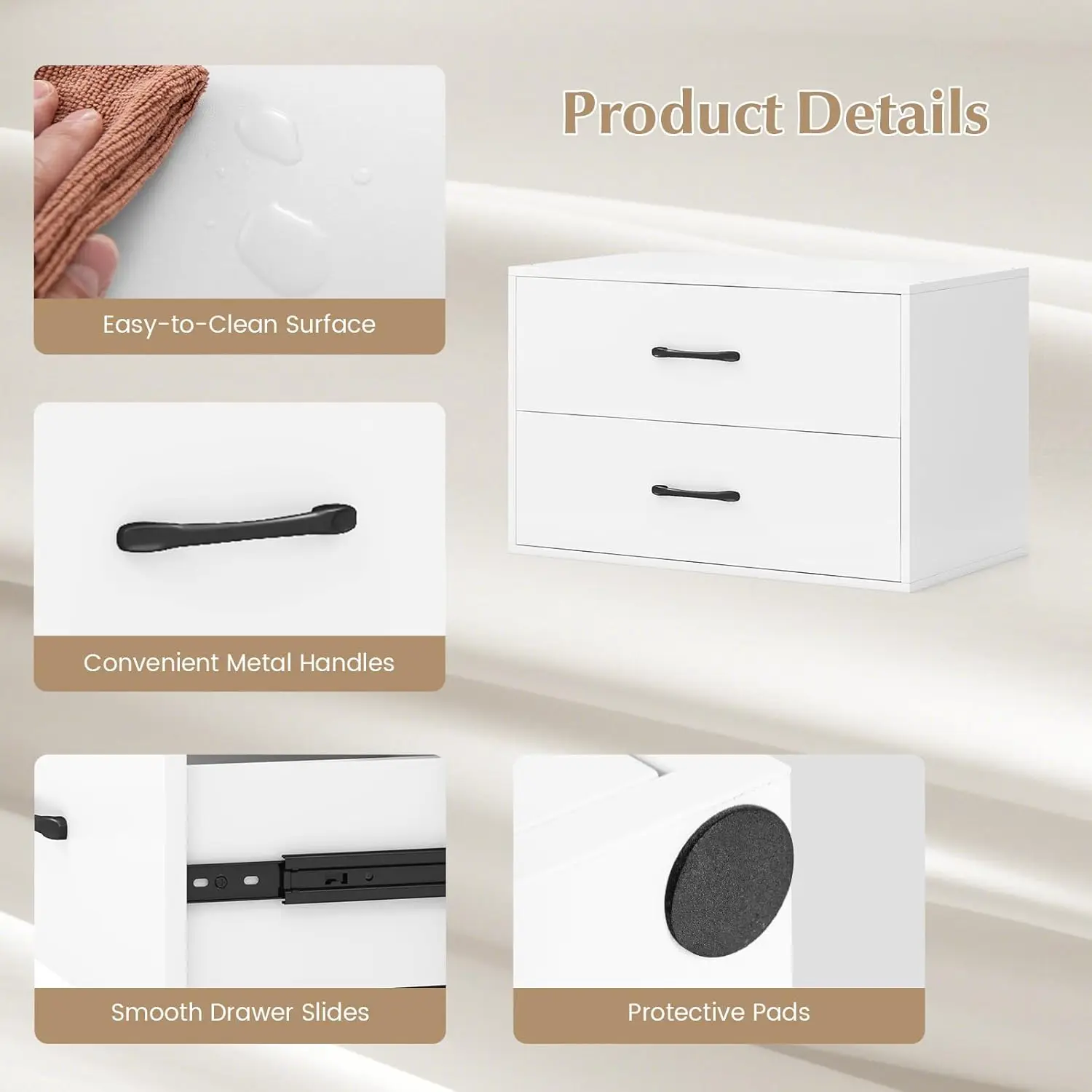 Stackable 2-Drawer Dresser Set of 2, Wood Horizontal Storage Organizer with Metal Handle & Smooth Sliders