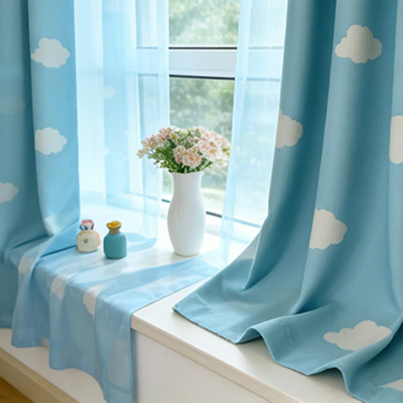 Blue Sky White Cloud Print Curtains for Boys Girls Kid\'s Bedroom Pink Semi-Shading Cartoon Window Curtain Drapes WP125#50