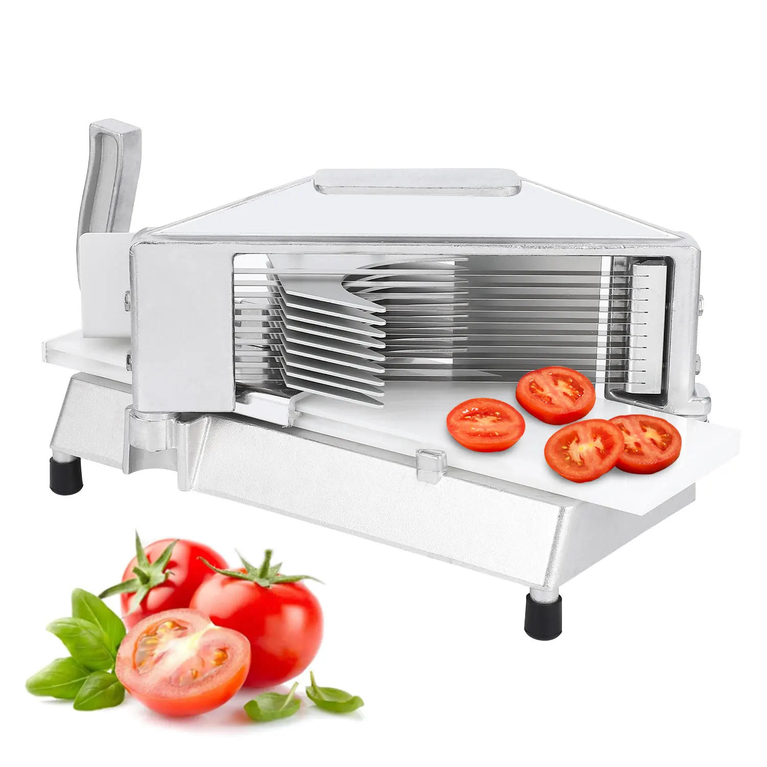 

Commercial Tomato Slicer 1/4" Heavy Duty Tomato Cutter Stainless Steel Vegetable Slicer With Built-In Cutting Board for Restaura