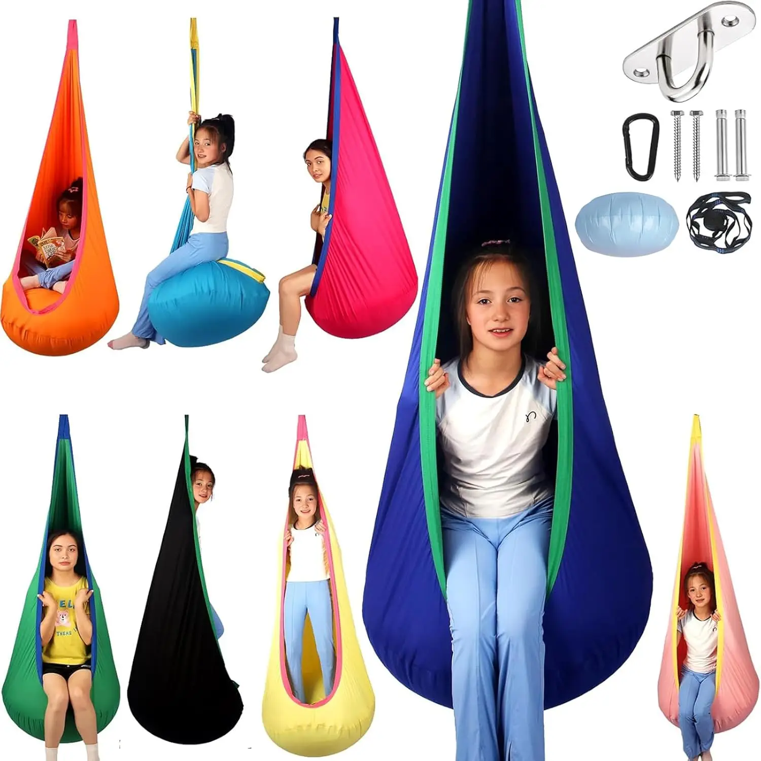 

Indoor Outdoor Pod Swing Chair with Inflatable Cushion, Max 300 lbs, Includes Hanger Kit (Blue)