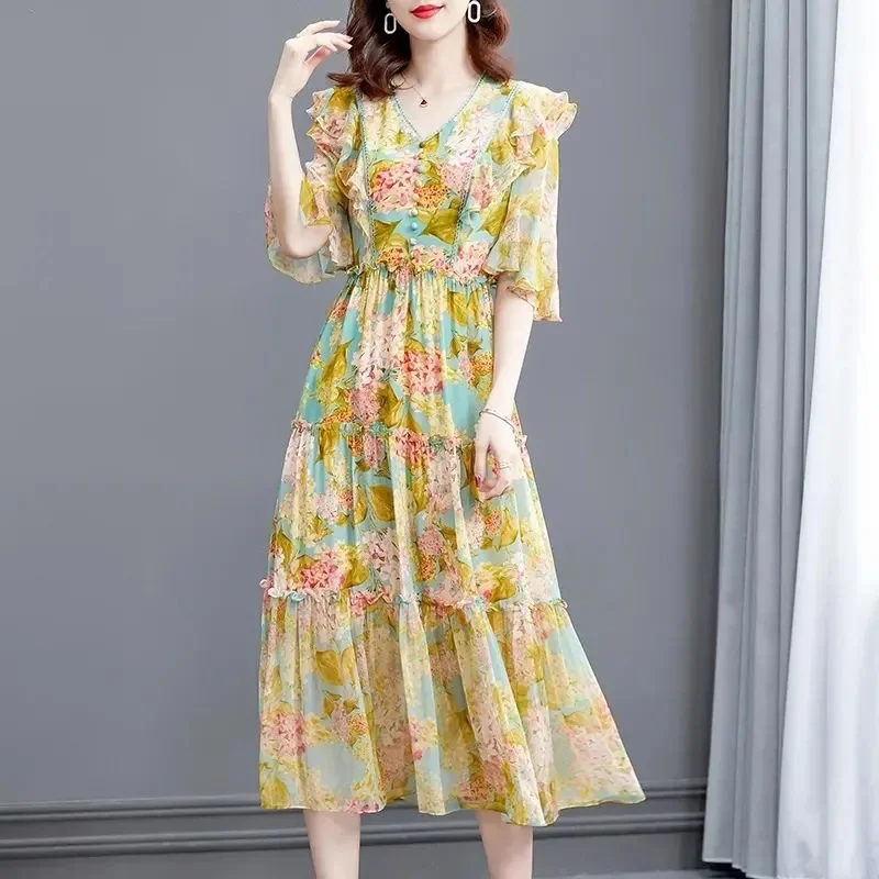 2025 Middle Aged Mother Loose Printing Thin Vestidos Retro Lady Medium Long Styles Long Dresses Summer Femme V-neck Maxi Dress