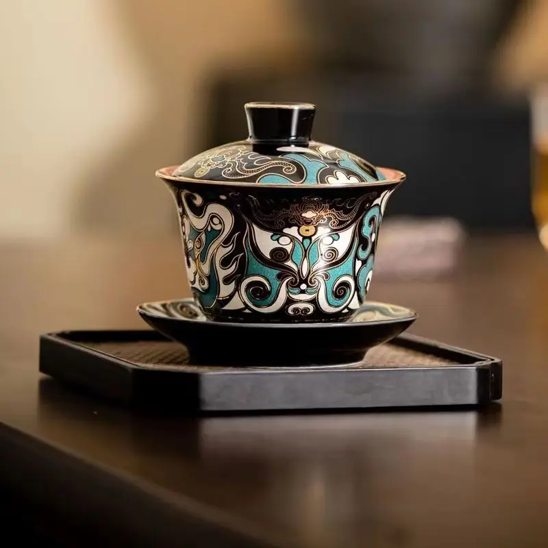 Gold and Silver Gilded Gaiwan, Single High-Grade Teapot, Porcelain Kung Fu Tea Set, Tea Making Non-Scald Bowl, Vintage Teapot