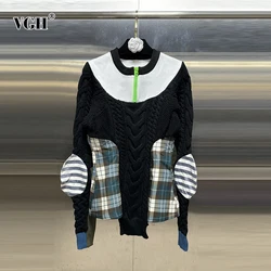 VGH Colorblack Patchwork Zipper Knitting Sweater For Women Round Neck Long Sleeve Minimalist Casual Pullover Sweaters Female New