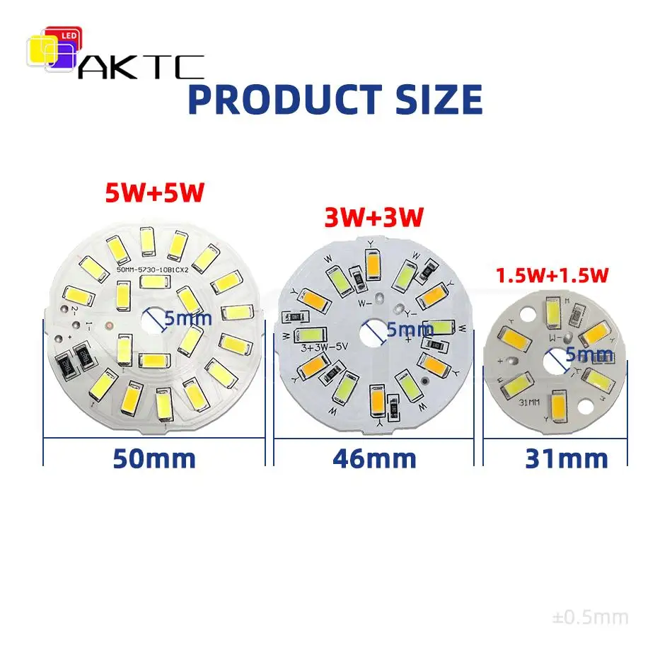 10 Pcs/lot 5V LED Dual Color Round Light Panel 3W/6W/10W Dimming SMD5730 Lamp Bead Board Light Source Diameter 31mm/46mm/50mm