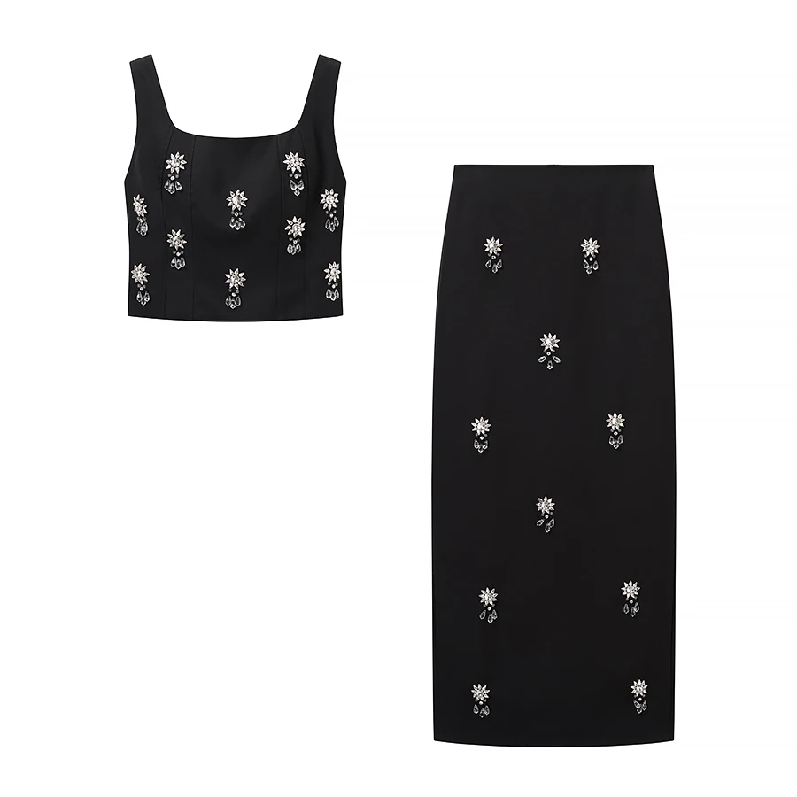 

2025 Women's Black Printed Short Dress Set Fashion Sleeveless Square Neck Strapless Slim Vest + High Waist Long Skirt Set