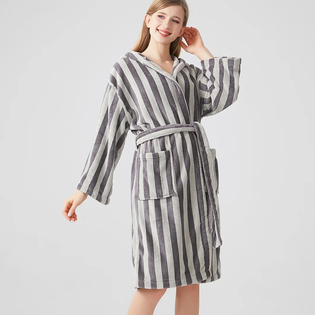 Women Flannel Robe Home Sleepwear Striped Hooded Bathrobe Kimono Bathrobe With Belt Water Uptake Pajamas Loose Hotal SPA Robes