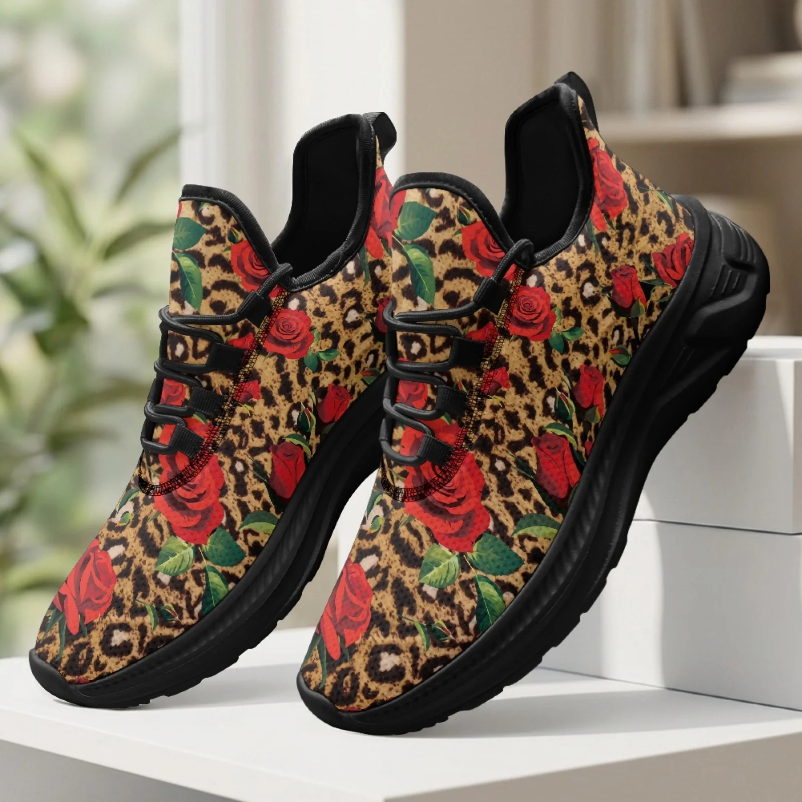 PENSTROLL Leopard Rose Slip On Comfortable Outdoor Casual Running Shoe Athletic Shoes for Men Jogging Workout