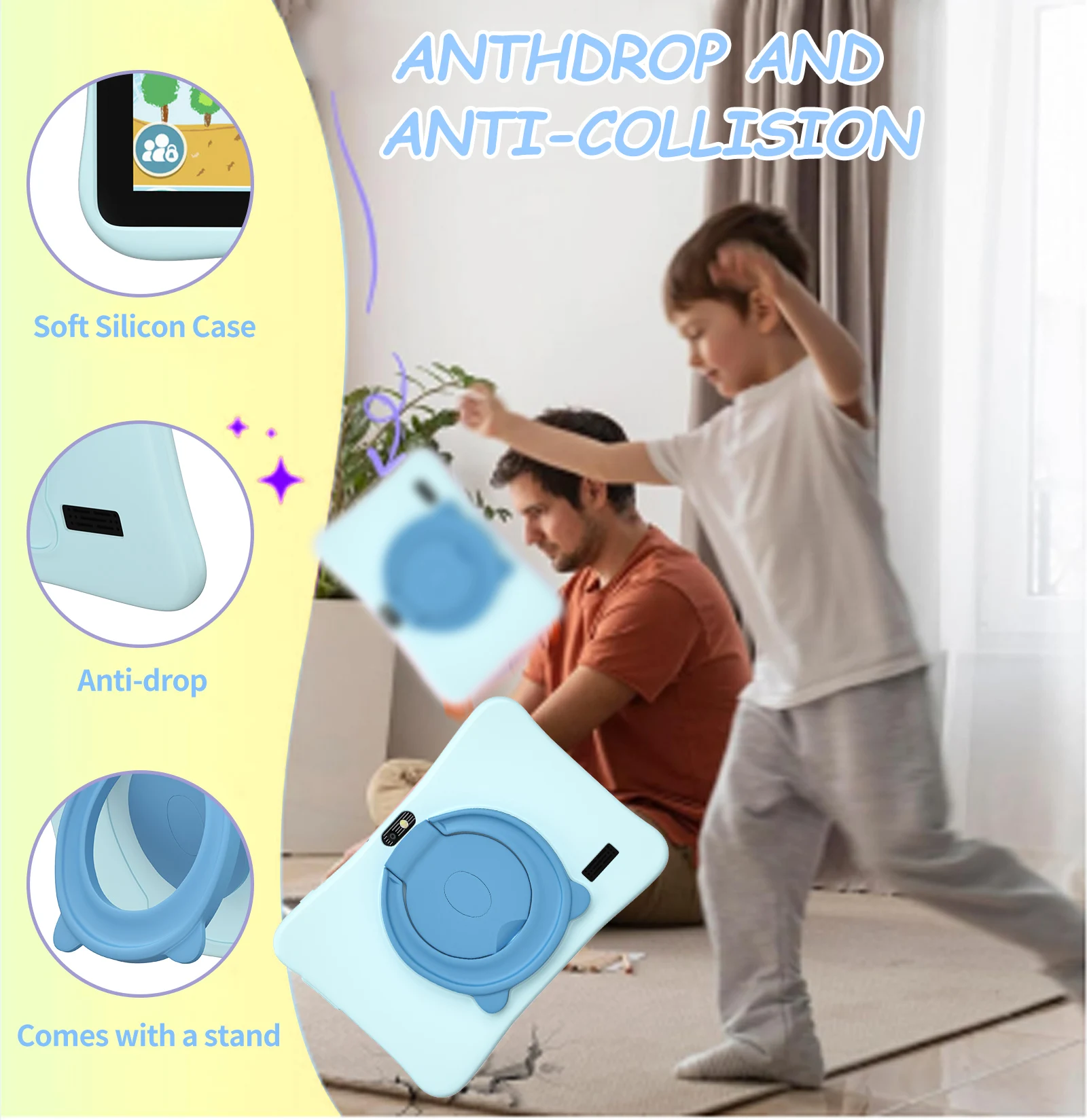 تابلت للأطفال مقاس 7 بوصات بسعة 4 جيجابايت + 64 جيجابايت، تحكم رباعي النواة لوحدة المعالجة المركزية، تطبيقات تعليمية، نظام أندرويد 13، بطارية 4000 مللي أمبير في الساعة