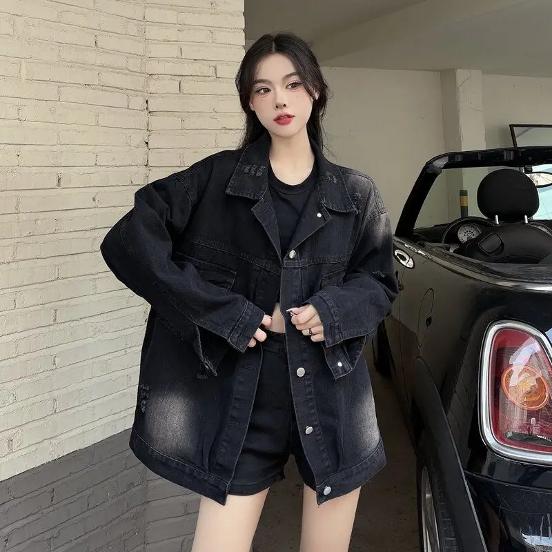 

Denim Coat Real Fur Womens Fall Patchwork Double-Breasted Cropped Waistband College Minimalist Pleated Drawstring Young Jackets