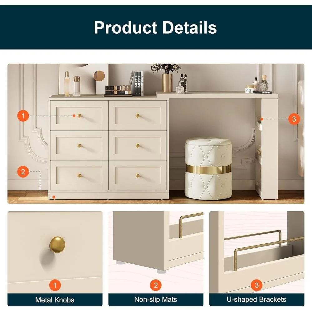 67 مكتب زينة للمكياج قابل للتوسيع مع أدراج و3 أرفف، مجموعة طاولة تزيين خشبية لغرفة النوم، بيج #6