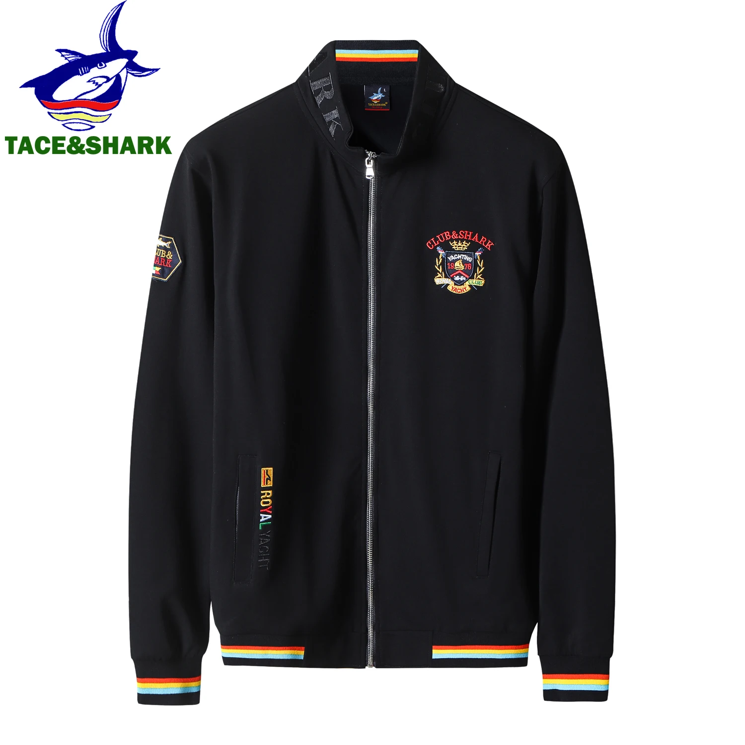 TACE&SHARK Fashion Brand Emblem Letter Embroidery Stand Collar Jackets Zipper Mens Blue Yellow Military Outerwear Clothing