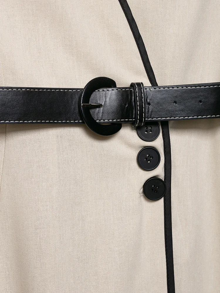 SIYANG Damska Moda z Paskiem Beżowa Sukienka Midi Prosta Jednorzędowa Vintage Dekolt V Bez Rękawów Elegancka Sukienka Damska