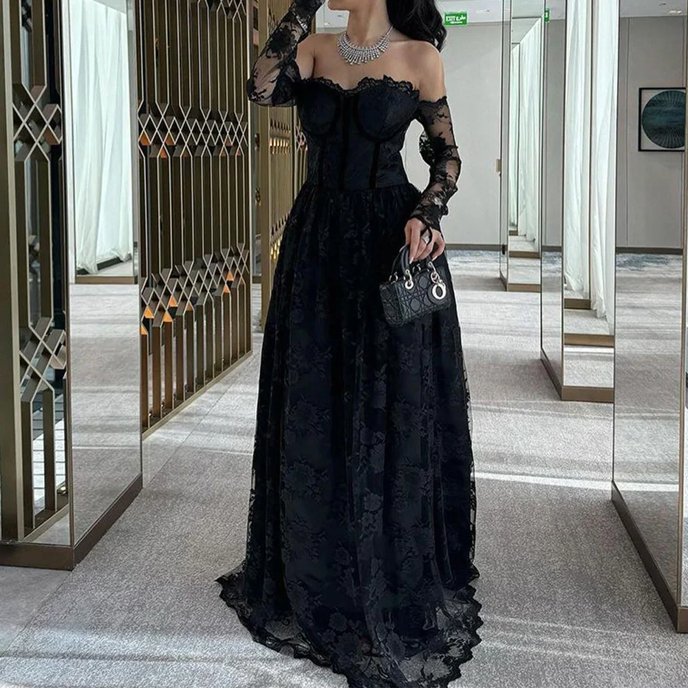 A-Line Sweetheart Detachable Sleeves Lace Black Exquisite and Temperament Evening Dresses Pleats Custom Size Saudi Arabia 2024