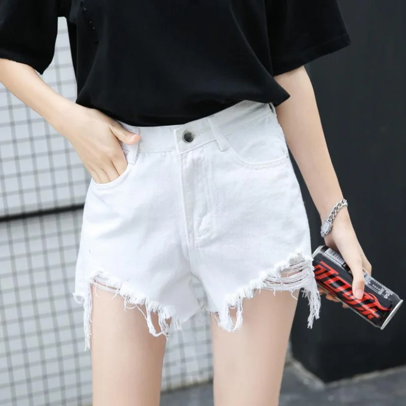 High Waisted Denim Shorts for Women's 2023 Summer New Perforated Korean Version Wide Leg Versatile and Slim Fur Edge Hot Pants