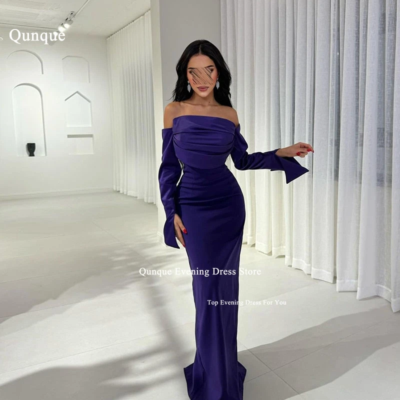 

Qunque Customized Purple Satin Evening Dresses With Slit Sleeves Mermaid Wedding Guest Dress for Women Pleat Robes De Soirée