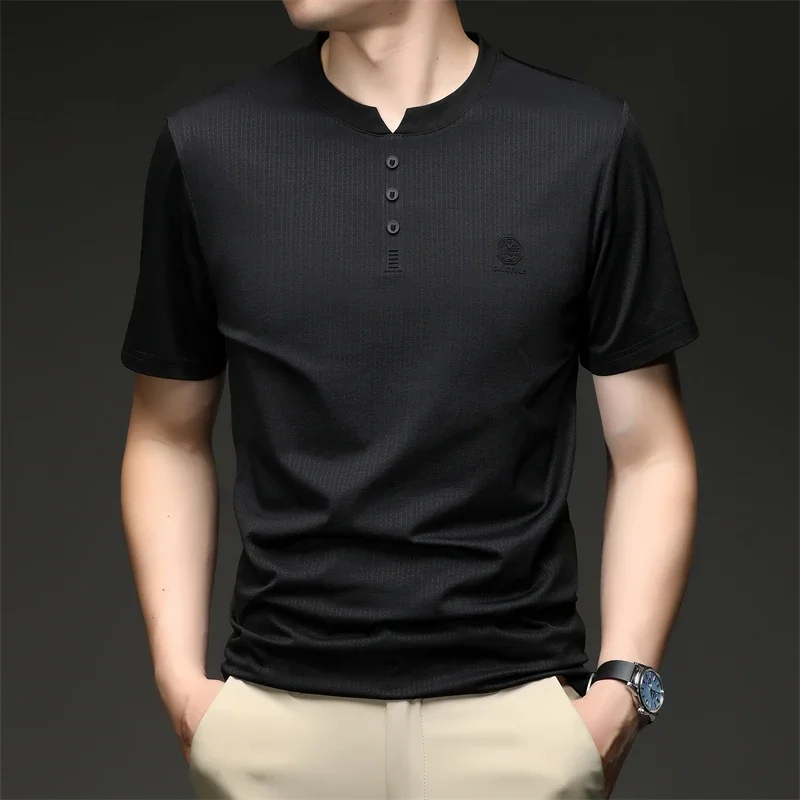 Mens Button Placket V Neck Short Sleeve T Shirt Solid Basic Style For Everyday Work Travel And Casual Outings All Season Use view 6
