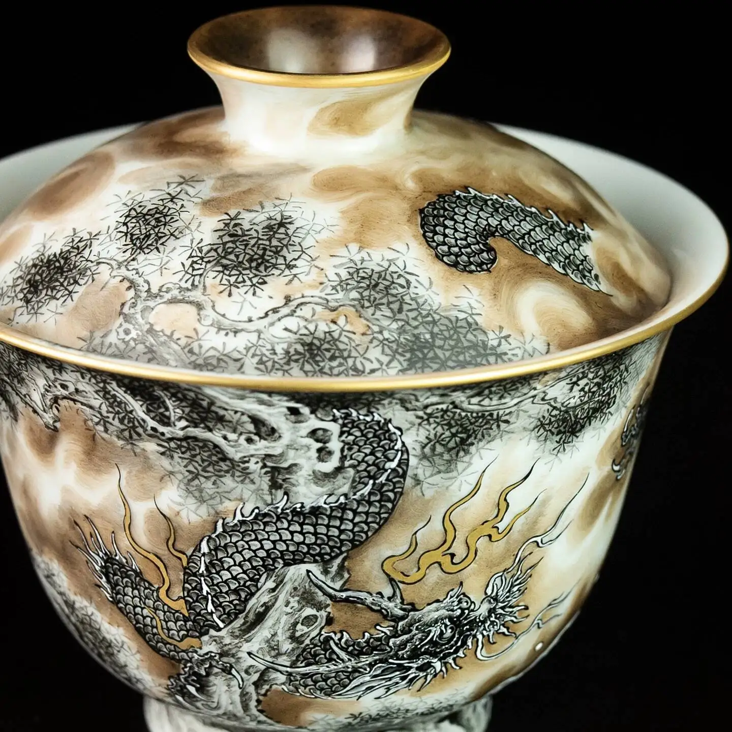 Holy Mountain Jingdezhen High-End Xuanmoke Song-Style Double Dragon Pastel Gaiwan Cup Hand-Painted Ceramic Tea Set