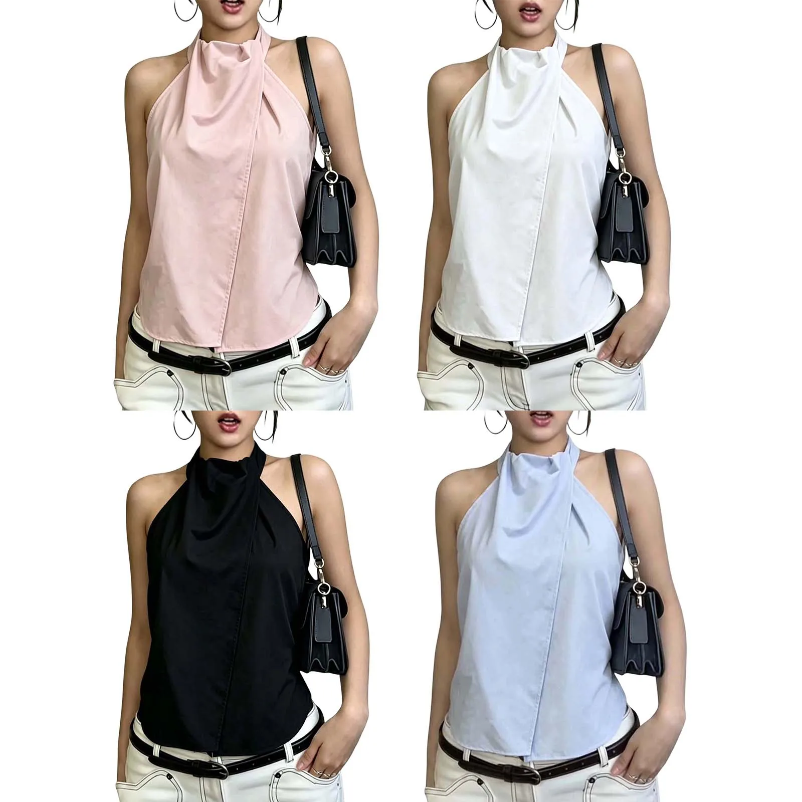 Women Y2K Tie Back Halter Camis Tops Solid Sleeveless Backless Vest Stylish Summer Female Going Out Tanks Shirts