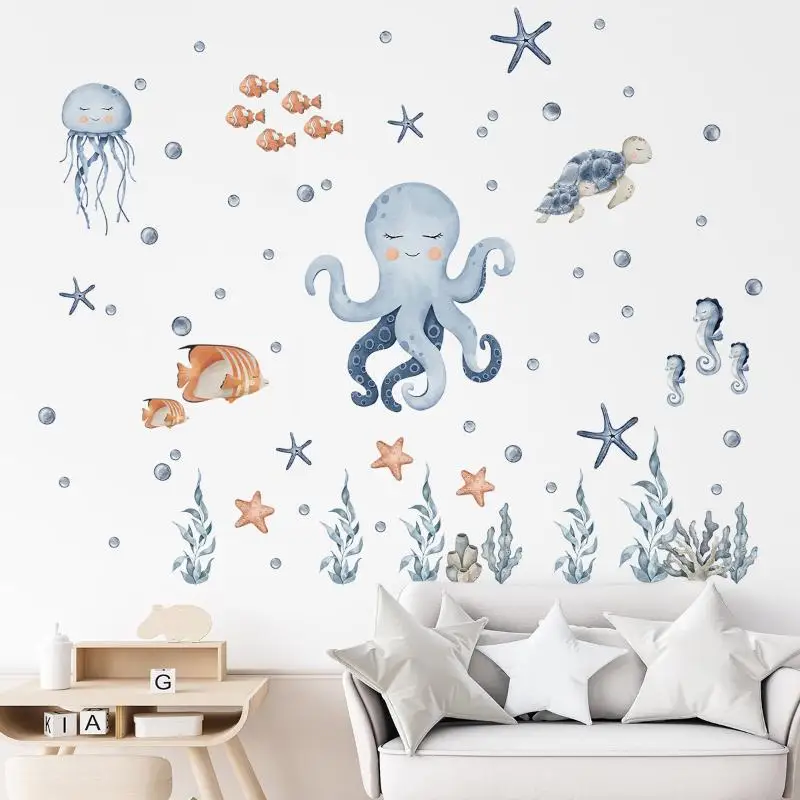 Cute Cartoon Octopus Marine Animal Wall Stickers, Nursery Bedroom Living Room Home Decor Removable Furniture Wall Decals