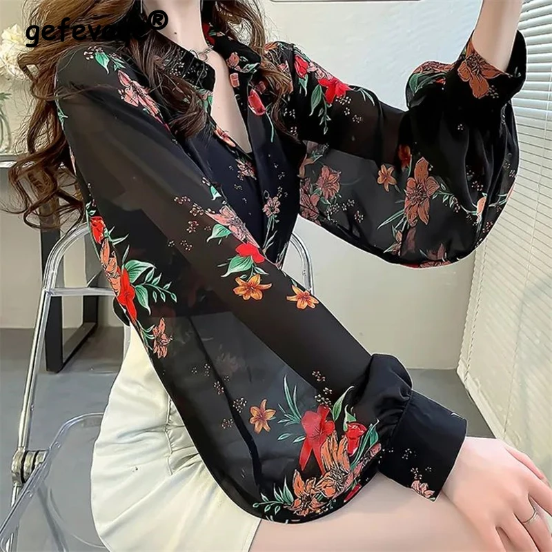 Women Vintage Elegant Fashion Floral Print Shirts Office Lady Casual Commute Chiffon Blouses Chic Lantern Long Sleeve Loose Tops