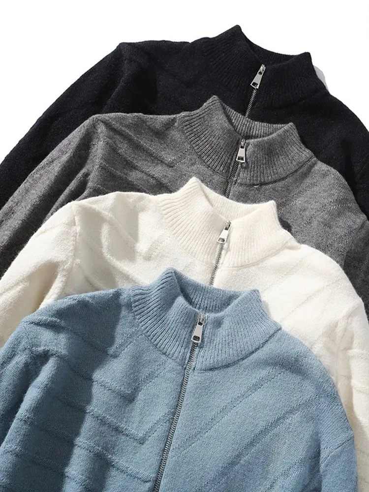 

New f Zipper Stand Collar Soft Skin-Friendly Warm Bla White ay Blue Base Layer Knitted Loose Casual Sweater for Men Wi...