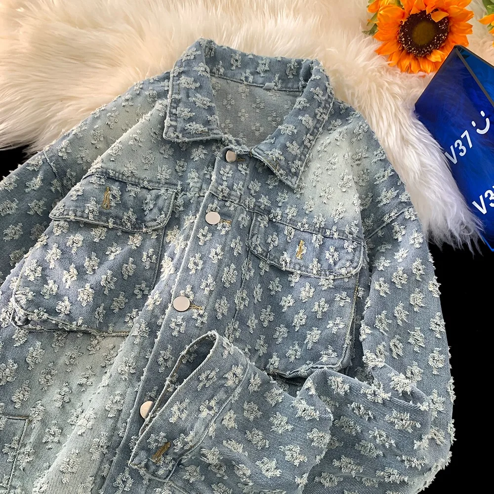 Jaket Denim Kasual Longgar Gaya Amerika untuk Pria, Pakaian Luar Trendi Musim Gugur, Fashionable