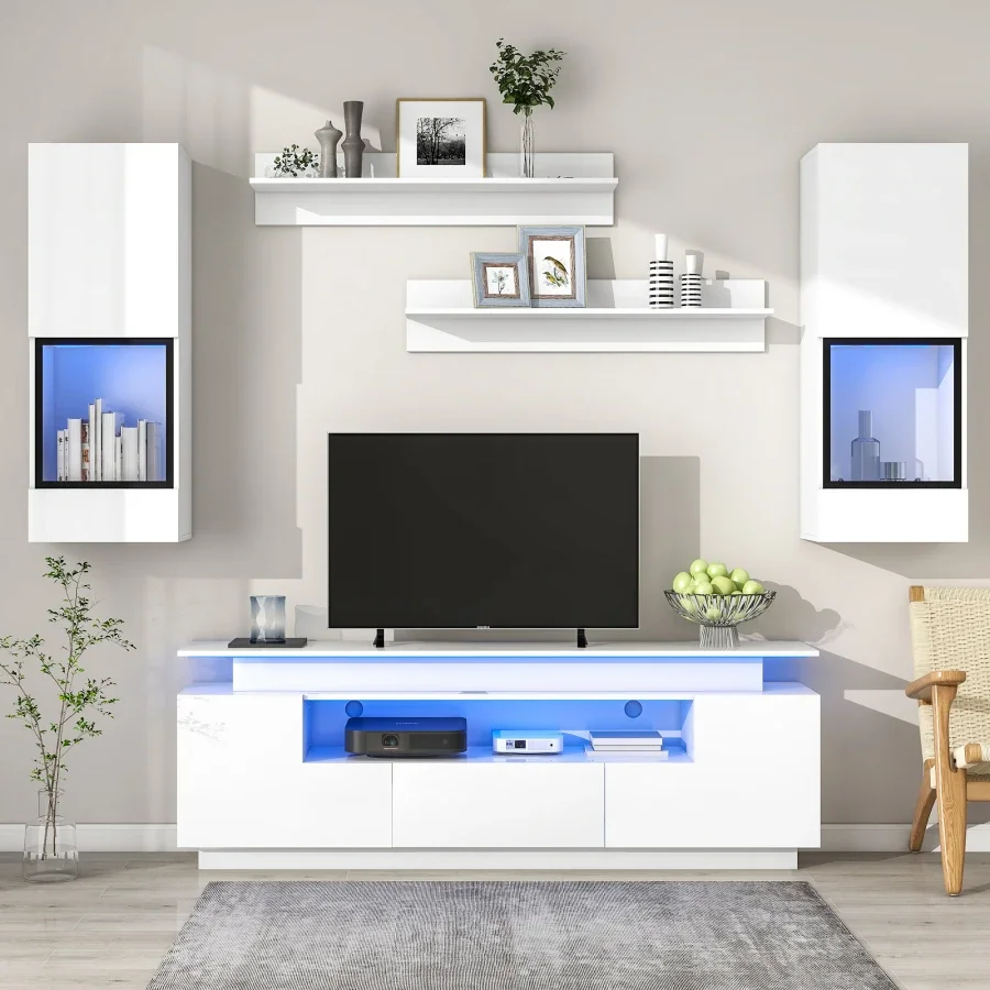 for 5 Pieces Floating Stand Set,Stylish High Gloss Wall Mounted Entertainment Center w/ 16-color LED Light Strips for