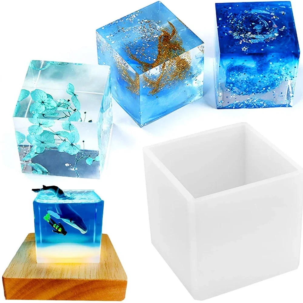 Square LED Night Light Resin Mold Silicone For DIY Handmade Epoxy Resin Molds With Wooden Lighted Base Stand Artwork Exhibition