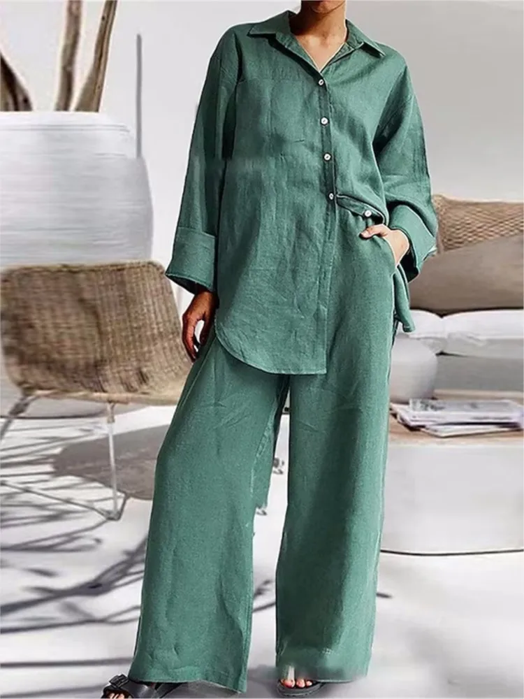 Fashion Cotton Linen Loose Long Sleeved Shirt Women Suit Spring Autumn New Casual Pocket Straight Pants Office 2piece Set Female