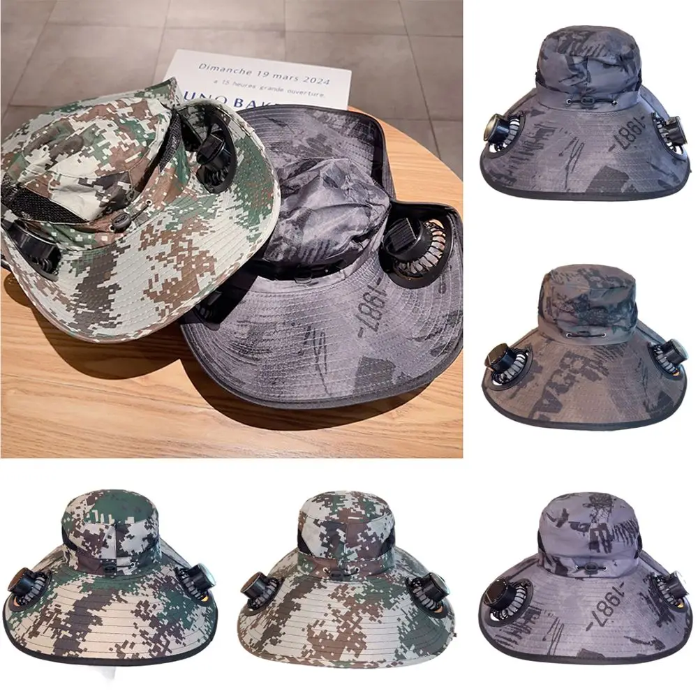 Cappello da sole leggero con protezione UV con ventola solare Cappello da sole a tesa larga mimetico regolabile Cappello da sole traspirante a 3 velocità da uomo