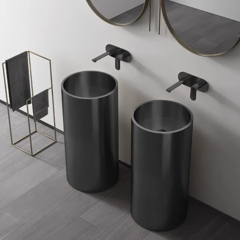 400*400*800mm Modern Luxury Freestanding Sink Pedestal Basin Sink Brushed Round Art Design Bathroom Lavatory Sink, Matte Black