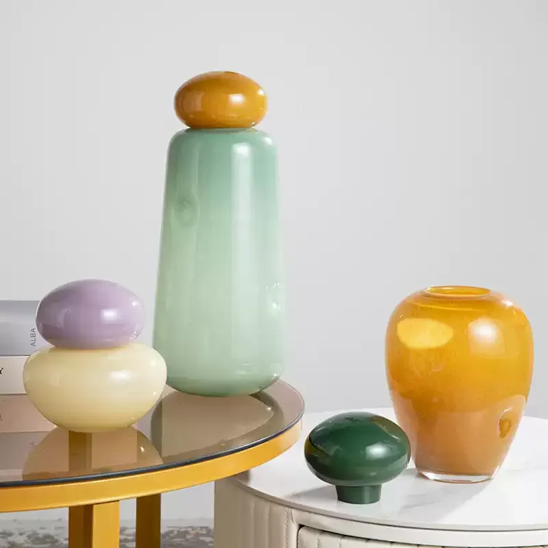Elliptical Colored Stone Glass Vase with Cover Desk Decoration Flower Arrangement Flower Pots Floral Vases Room Aesthetic Decor