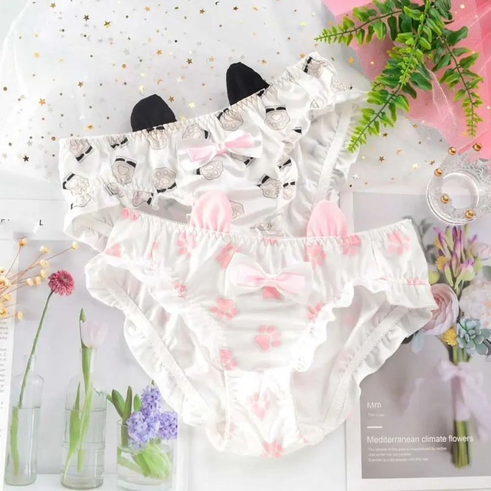 Milk Silk Ruffle Bow Underpants Paw Seamless Kawaii Cat Ears Panties Korean Cotton Crotch Cartoon Cat Claw Briefs Daily