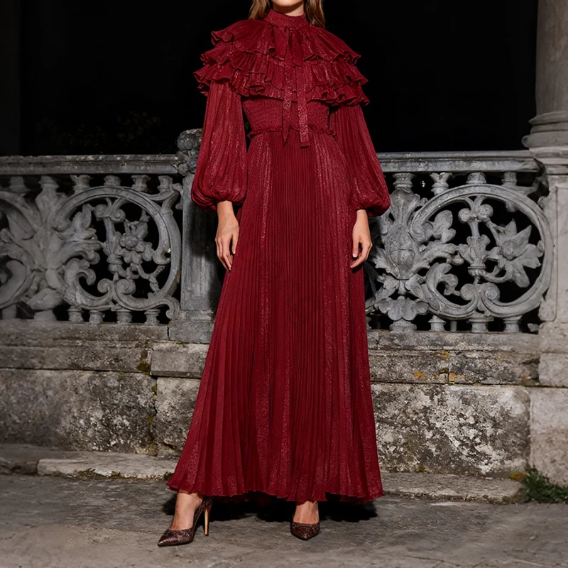 فساتين سهرة أنيقة على شكل حرف a وأكمام طويلة وطيات رائعة عالية الجودة أنيقة مكشكشة للحفلات الراقصة للنساء حسب الطلب