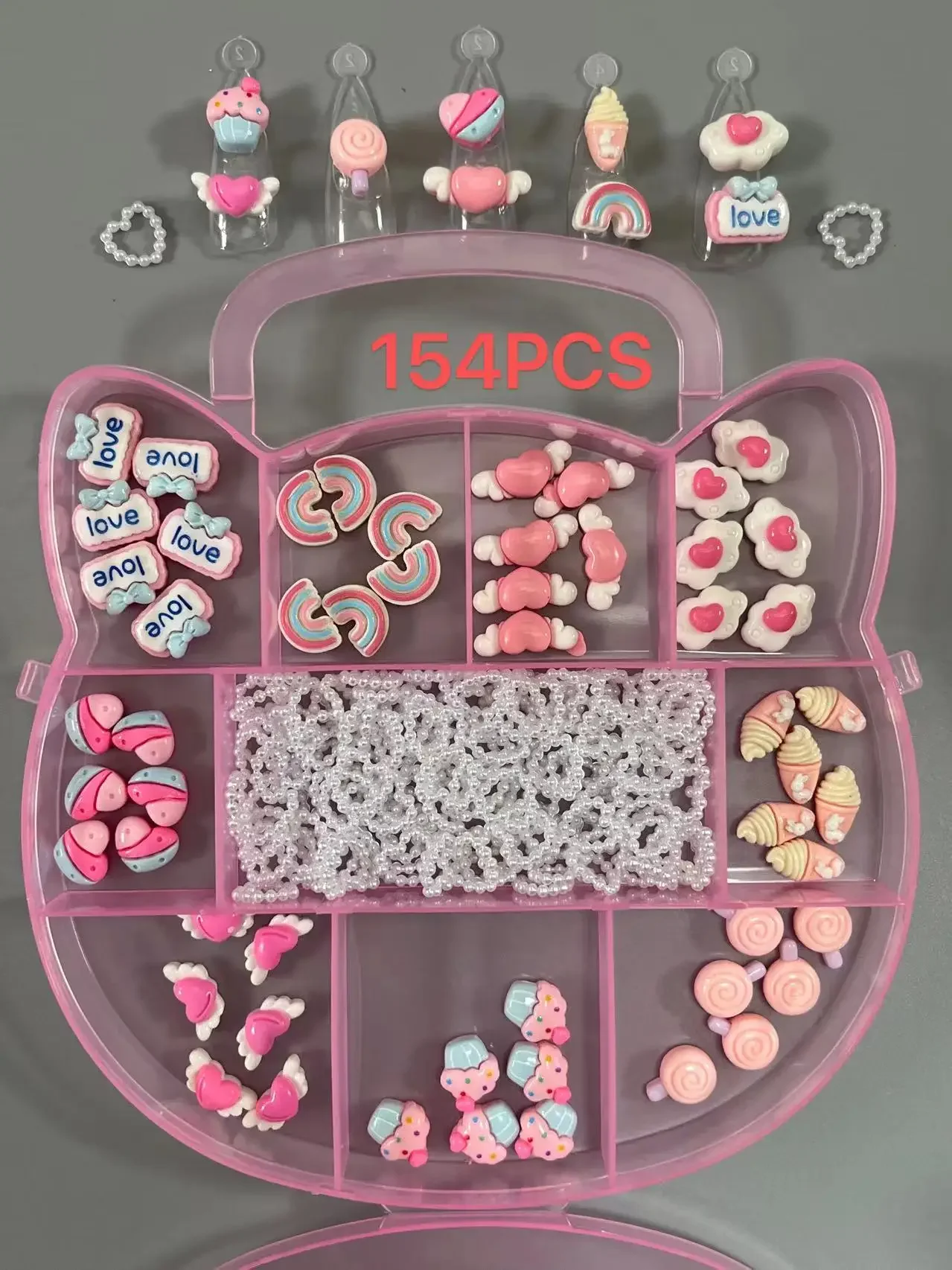 Boîte à Nail Art en Résine Rose pour Salon de miles, 154 Pièces, Mini Dessin Animé, Nuage d'Amour, Nministériels d Papillon, Bonbons, Kawaii, Creux, Perle, Cœur, Mélange