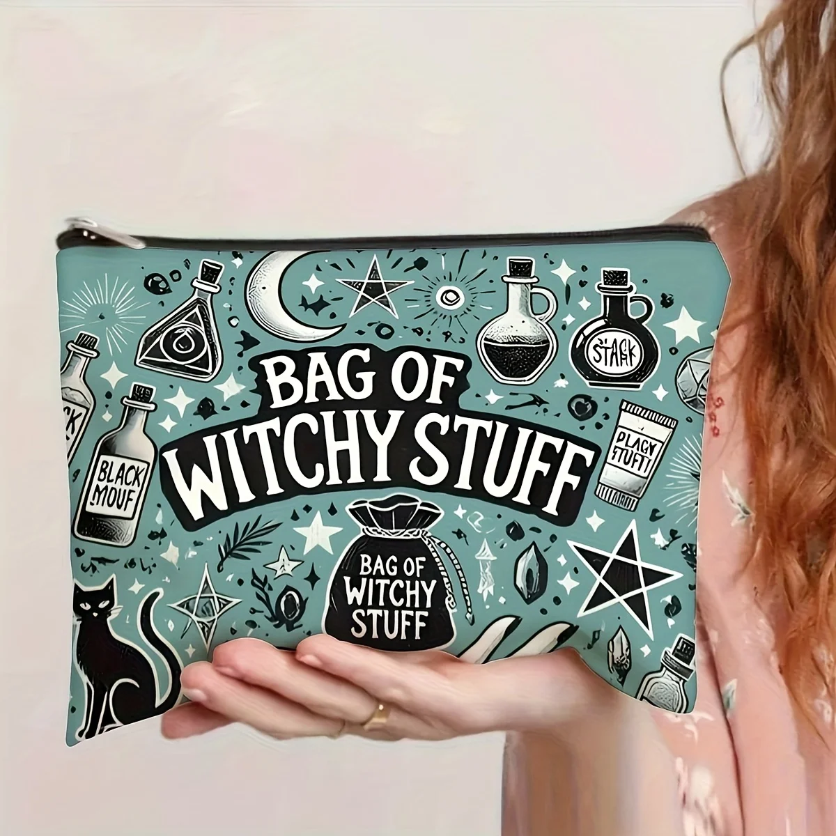 1 Charming Witch Makeup Bag with a Crescent Moon and Star Design - Multifunctional Zipper Pouch for Women, Perfect Travel Zipper Storage Bag, Fun Birthday Gift