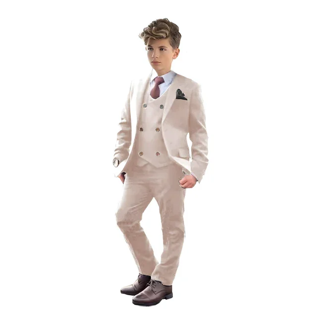 Children Beige 4Pieces/Set Jacket Vest Pants Bowtie Wedding Birthday Dress Boys Photograph Suit Kids Piano Performance Dress