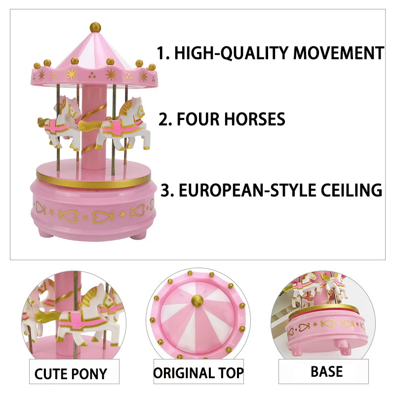 Caja de música de madera Merry-Go-Round para niños, juego de bebé, decoración del hogar, caja de música de caballo de carrusel, regalo de cumpleaños de boda de Navidad