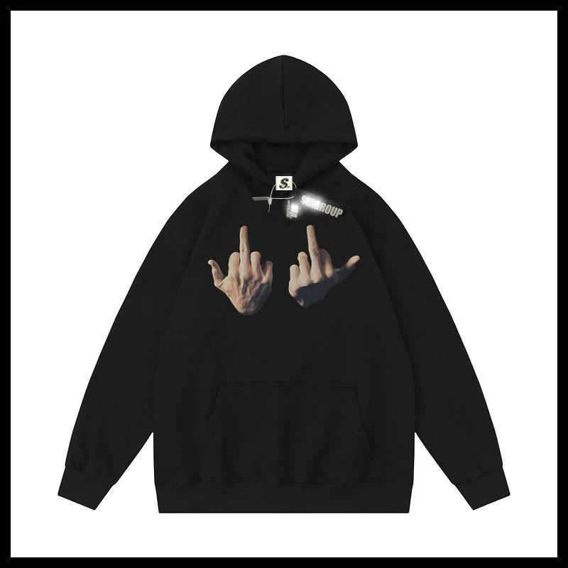 

New Personality Street Firm Middle Finger Hooded Sweater Men And Women In Autumn And Winter Cotton Plus Velvet Casual Coat