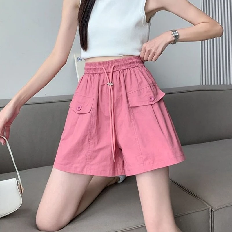 Women's 2026 New Korean Style Pink Cargo Shorts Summer High Waist Wide Leg Figure Flattering Versatile Casual