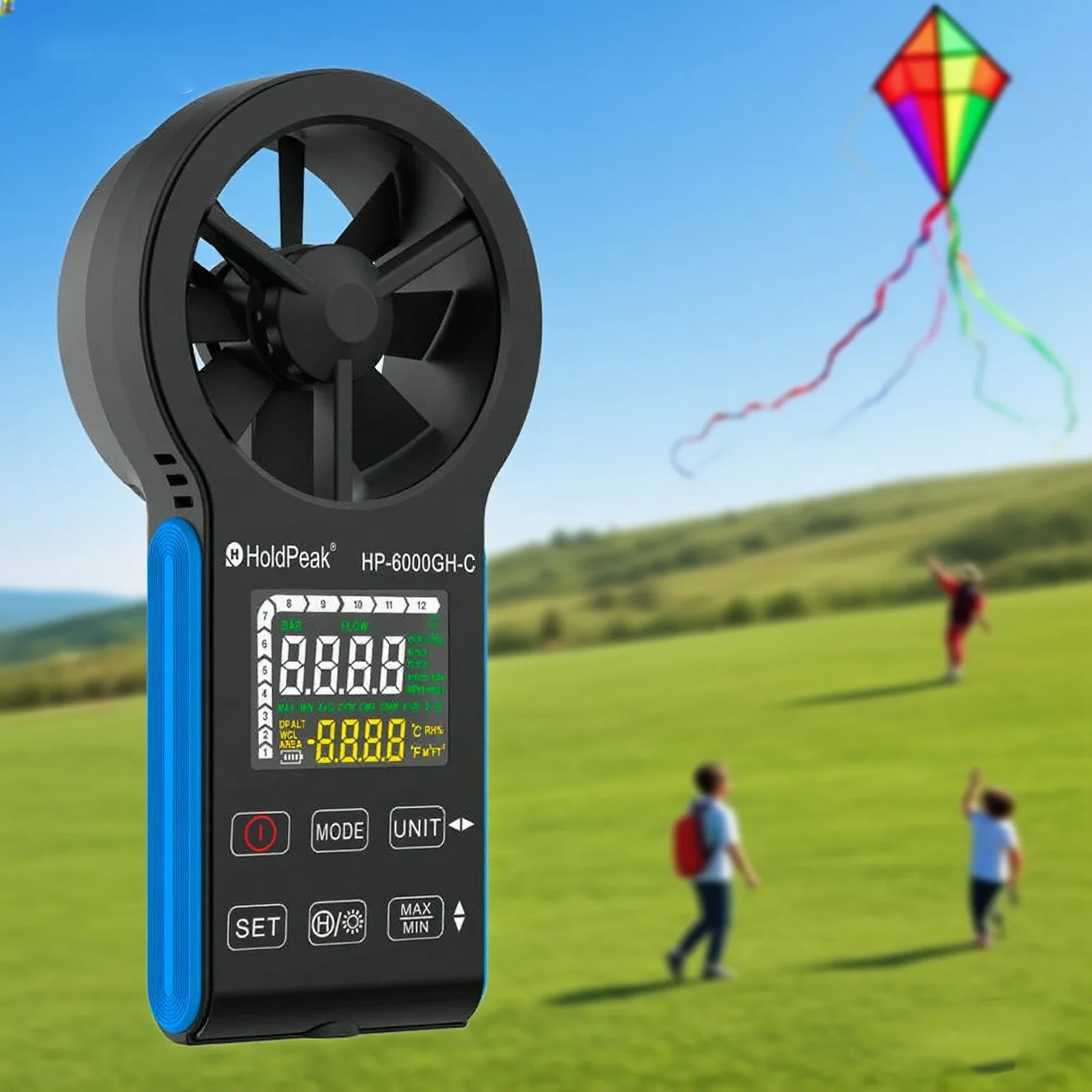 

Rechargeable anemometer, color touch screen, 0-999900 cubic feet per minute, temperature and air volume data storage