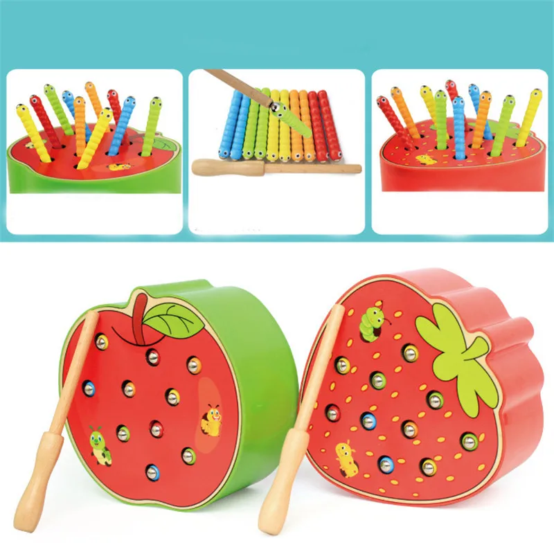 Magnetic Toy Funny Strawberry Shaped And 1 Wand And 10 Worm Game Toy Wooden Educational Toys For Preschool Kids Toddlers