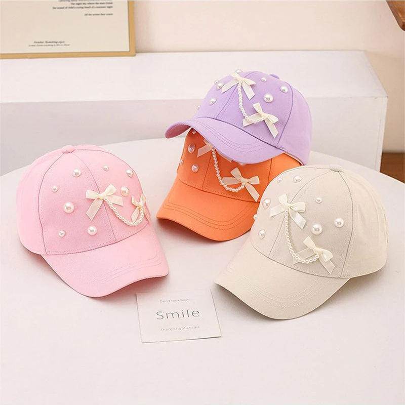Pearl Pendant Bow Baseball Cap for Girl Duck Tongue Hat Long-Brim Kids Sun Hats Pink Purple Color Children Peaked Caps 2-9Year view 4