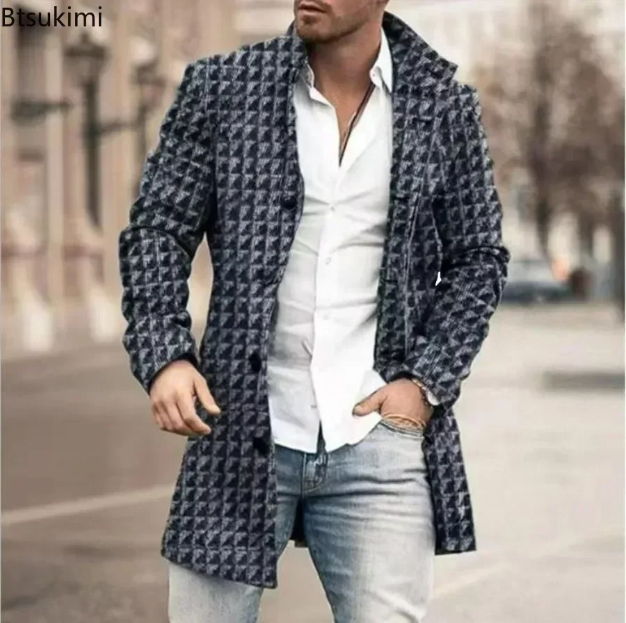2025 Men's Casual Wool Blends Jacket Plaid Print Long Sleeve Buttoned Jackets Coats Tops Male Warm Outerwear Long Coats Men 4XL