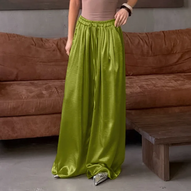 

Fashion Women's Satin Solid Color Waist Cinched Pants Loose Lace Up Wide Leg Pants 2026 Spring Summer Lady Casual Wear New