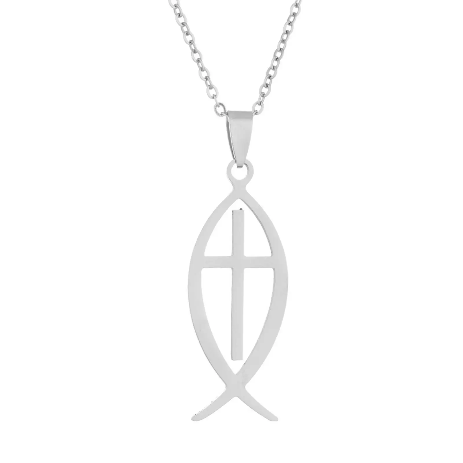 Ichthys Fisch-Kreuz-Halskette, Jesus-Fisch-Symbol-Anhänger, Edelstahlschmuck, Geschenk für Männer und Frauen – Detail 2